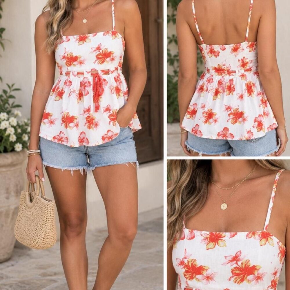Midnight Sky Linen Cotton Resort wear white & orange floral tank top NWT Medium